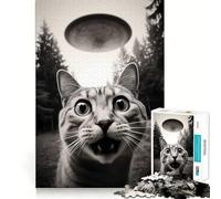 Puzzle de 1000 pièces pour Adultes Chat effrayé par Un OVNI Décoration soignée Jeu d'entraînement et de réflexion Cadeau de Loisirs Festif (50x75cm)