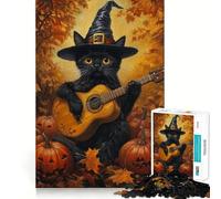Puzzle de 1000 pièces pour Adultes Chat en Chapeau de sorcière avec Guitare Jeu de réflexion et de détente Décoration Murale de Noël (50x75cm)
