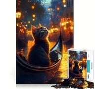 Puzzle de 1000 pièces pour Adultes Chat en gondole,Venise la Nuit Jeu cognitif et Relaxant Décoration Murale de Noël (38x26cm)