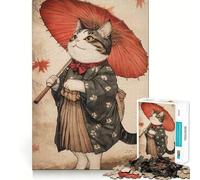 Puzzle de 1000 pièces pour Adultes Chat en Kimono avec Parapluie Jeu de logique et d'assemblage précis Idée Cadeau d'anniversaire Amusante (38x52cm)