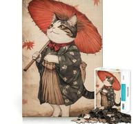 Puzzle de 1000 pièces pour Adultes Chat en Kimono avec Parapluie Jeu de Loisirs créatifs aux Bords Fins Décoration Murale de Noël (50x75cm)