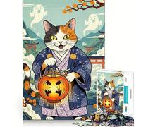 Puzzle de 1000 pièces pour Adultes Chat en Kimono,Citrouille d'halloween,pièces nettes,Jeu de réflexion,Moment de Calme et de Divertissement,scène de Noël (38x26cm)