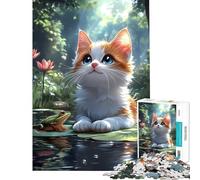 Puzzle de 1000 pièces pour Adultes Chat et Grenouille turcs sur nénuphar Jeu de société Animalier Stimulant et Relaxant pour Femmes (Dimensions 38x52cm)