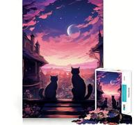 Puzzle de 1000 pièces pour Adultes,Chat et Lune,Style Japonais,décoration soignée,Jeu d'esprit,Divertissement et Cadeau de Noël (38x52cm)