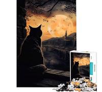 Puzzle de 1000 pièces pour Adultes Chat Lune Nuit Jeu de société Animalier Stimulant et Relaxant pour Femmes (Dimensions 38x26cm)