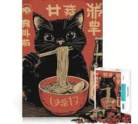Puzzle de 1000 pièces pour Adultes Chat Noir aux Ramen Japon Découpe serrée Jeu Amusant et logique Loisirs et Divertissement Illustration de Noël (38x26cm)