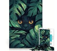 Puzzle de 1000 pièces pour Adultes Chat Noir dans des Feuilles Tropicales Illustration Finement découpée,Jeu de Concentration,Jeu Calme,activité d'anniversaire (50x75cm)