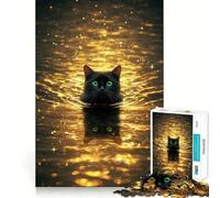 Puzzle de 1000 pièces pour Adultes Chat Noir dans Un Aquarium doré,Jeu de réflexion, pour se détendre ou pour Un Anniversaire (38x52cm)