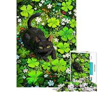 Puzzle de 1000 pièces pour Adultes Chat Noir dans Un Champ de trèfle Jeu Familial Défi Difficile et éducatif (Taille 38x52cm)
