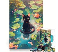 Puzzle de 1000 pièces pour Adultes Chat Noir dans Un étang de nénuphars Chat Mignon Jeu de réflexion Amusant et précis Activité de Loisirs et d'anniversaire (50x75cm)