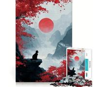 Puzzle de 1000 pièces pour Adultes Chat Noir dans Un Paysage Japonais Illustration Finement découpée,Jeu de Concentration,Jeu de Calme,activité d'anniversaire (38x52cm)