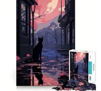 Puzzle de 1000 pièces pour Adultes Chat Noir dans Un Paysage Urbain pluvieux Illustration Finement découpée,Jeu de Concentration,Jeu Calme,activité d'anniversaire (50x75cm)