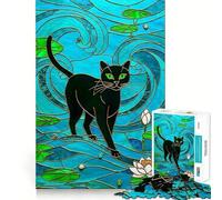 Puzzle de 1000 pièces pour Adultes Chat Noir dans Un vitrail,Jeu de réflexion, pour se détendre ou pour Un Anniversaire (50x75cm)