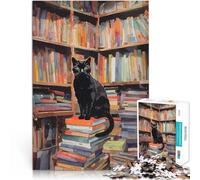 Puzzle de 1000 pièces pour Adultes Chat Noir dans Une bibliothèque Jeu Stimulant et Jeu Familial Œuvre d'art 38x26cm
