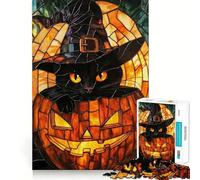 Puzzle de 1000 pièces pour Adultes Chat Noir dans Une Citrouille en vitrail,Jeu d'assemblage précis,Cadeau de réflexion,Moment de détente,Jeu Amusant pour Un Anniversaire (38x26cm)