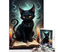 Puzzle de 1000 pièces pour Adultes Chat Noir d'halloween avec grimoire Jouet Anti-Stress Idée Cadeau Jeu éducatif Collection d'artistes Beaux-Arts Dimensions 50x75cm