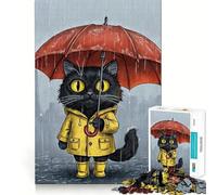Puzzle de 1000 pièces pour Adultes Chat Noir en imperméable avec Parapluie Découpe Fine Jeu de Concentration,Jeu Calme,activité d'anniversaire (50x75cm)