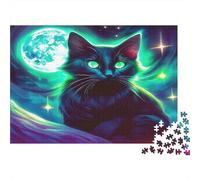 Puzzle de 1000 pièces pour Adultes : Chat Noir Mignon avec Lune Lumineuse en arrière-Plan. Niveau de difficulté : Impossible, Difficile, Un Vrai défi ! Décoration Murale. 52 x 38 cm / 1000 pièces