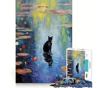 Puzzle de 1000 pièces pour Adultes Chat Noir Monet Nénuphar Décoration Clean Fit,activité cérébrale Amusante,Moment de détente,Cadeau de Loisirs Festif (38x52cm)