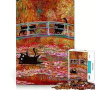 Puzzle de 1000 pièces pour Adultes Chat Noir Monet Nénuphar Jeu de réflexion, pour se détendre,Cadeau Amusant pour Un Anniversaire (38x52cm)