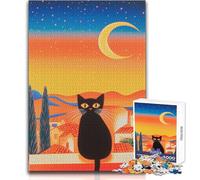 Puzzle de 1000 pièces pour Adultes - Chat Noir sous Le Croissant de Lune - Jeu éducatif et Amusant pour Toute la Famille - Cadeau Artistique - Dimensions : 38x26cm