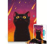 Puzzle de 1000 pièces pour Adultes Chat Noir sous Les étoiles filantes,Jeu de réflexion, pour se détendre,Cadeau Amusant pour Un Anniversaire (38x26cm)