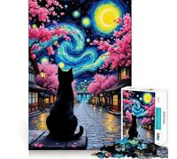 Puzzle de 1000 pièces pour Adultes Chat Noir sous Un Ciel étoilé Illustration Finement découpée,Jeu de Concentration,Jeu Calme,activité d'anniversaire (50x75cm)