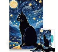 Puzzle de 1000 pièces pour Adultes Chat Noir sous Un Ciel étoilé,pièces aux découpes nettes,activité stimulante pour Le Cerveau,Moment de détente et de Divertissement,Cadeau Artistique d'anniversaire