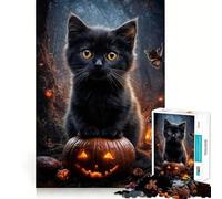 Puzzle de 1000 pièces pour Adultes Chat Noir sur Citrouille d'halloween Décoration soignée,Jeu cognitif et Amusant,Jeu de Paix,activité d'anniversaire (38x52cm)