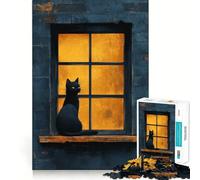 Puzzle de 1000 pièces pour Adultes Chat Noir sur Le Rebord de la fenêtre Illustration Finement découpée,Jeu de Concentration,Jeu Calme,activité d'anniversaire (38x26cm)
