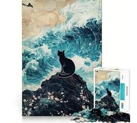 Puzzle de 1000 pièces pour Adultes Chat Noir sur Un Rocher avec Vagues Illustration Finement découpée,Jeu de Concentration,Jeu Calme,activité d'anniversaire (50x75cm)