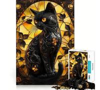 Puzzle de 1000 pièces pour Adultes Chat Noir,vitrail Découpe précise Jeu Amusant et logique,Loisirs et Divertissement Décor de Noël (38x26cm)