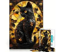 Puzzle de 1000 pièces pour Adultes,Chat Noir,vitrail,Jeu d'assemblage précis,Cadeau de réflexion,Moment de détente,Jeu Amusant pour Un Anniversaire (50x75cm)