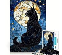 Puzzle de 1000 pièces pour Adultes,Chat Noir,vitrail,Jeu de réflexion, pour se détendre,Cadeau Amusant pour Un Anniversaire (50x75cm)