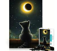 Puzzle de 1000 pièces pour Adultes Chat Observant Une éclipse Solaire Peinture Découpe précise Jeu de réflexion Amusant pour Passer Le Temps Cadeau d'anniversaire (38x52cm)