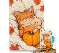 Puzzle de 1000 pièces pour Adultes Chat Qui Fait la Sieste en Automne avec Un Ours en Peluche Décoration découpée soignée Jeu de réflexion Cadeau d'anniversaire Idéal pour se divertir Pendant