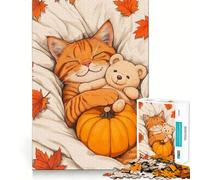 Puzzle de 1000 pièces pour Adultes Chat Qui Fait la Sieste en Automne avec Un Ours en Peluche Décoration découpée soignée Jeu de réflexion Cadeau d'anniversaire Artistique (38x52cm)