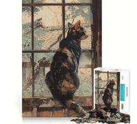 Puzzle de 1000 pièces pour Adultes Chat regardant par la fenêtre Peinture Aquarelle Jeu de logique et d'assemblage précis Jouet Amusant Jeu Gratuit Cadeau d'anniversaire (38x26cm)