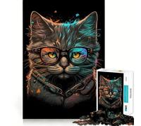 Puzzle de 1000 pièces pour Adultes,Chat rétro avec Lunettes,décoration soignée,Jeu d'esprit,Divertissement et Cadeau de Noël (50x75cm)