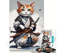 Puzzle de 1000 pièces pour Adultes Chat samouraï Guerrier Japonais Jeu de précision et d'adresse mentale Amusant et Relaxant Idée Cadeau de Noël (38x26cm)