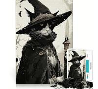Puzzle de 1000 pièces pour Adultes Chat sorcière avec bâton dans la forêt Découpe Nette Jeu de réflexion Amusant pour Passer Le Temps Décoration de Noël (38x26cm)