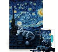 Puzzle de 1000 pièces pour Adultes Chat sur Le Toit,Style Nuit étoilée Jeu de réflexion et d'habileté Artistique Jeu Calme Décoration de Noël (38x26cm)