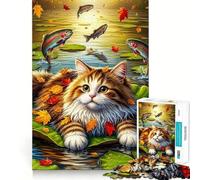 Puzzle de 1000 pièces pour Adultes Chat sur nénuphar avec Poisson Sauteur Assemblage Fluide Jeu de logique Amusant Scène de Noël Illustration (50x75cm)