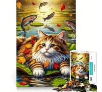 Puzzle de 1000 pièces pour Adultes Chat sur nénuphar avec Poisson Sauteur Jeu de logique et d'art aux Bords précis Idéal pour se détendre et s'amuser Cadeau Festif (38x52cm)