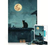 Puzzle de 1000 pièces pour Adultes Chat sur Un Toit sous la Pleine Lune Découpe Premium Jeu Amusant et Stimulant pour Le Cerveau Cadeau de Noël apaisant (38x52cm)