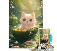 Puzzle de 1000 pièces pour Adultes Chaton Blanc dans Une Barque en Feuilles Défi éducatif Cadeau pour Femmes Jeu Manuel à partir de 14 Ans 50x75cm