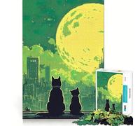 Puzzle de 1000 pièces pour Adultes Chats contemplant la Lune sur Un Paysage Urbain,découpe Nette,Jeu de réflexion Amusant pour Passer Le Temps,Cadeau d'anniversaire (50x75cm)
