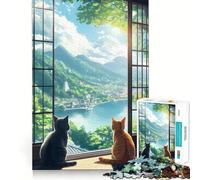 Puzzle de 1000 pièces pour Adultes,Chats contemplant Un Paysage Japonais,Jeu d'adresse et de réflexion, pour se détendre et Passer Un Moment agréable (38x26cm)