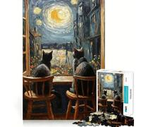 Puzzle de 1000 pièces pour Adultes Chats Observant la Nuit étoilée Jeu de Coordination précis et Amusant Attente à la détente Cadeau Artistique de Noël (38x26cm)