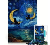 Puzzle de 1000 pièces pour Adultes Chats sur des balançoires lunaires,Peinture,découpe sans Couture,Jeu de résolution de problèmes,Jeu Occasionnel,scène de Noël (38x52cm)